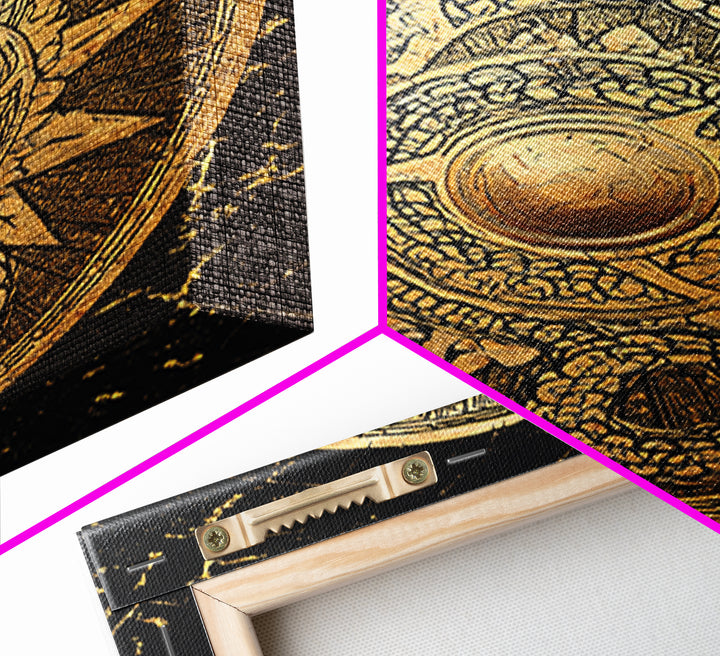 Norse Dragon Shield Canvas Gold Art, Viking Inspired Canvas Art for Men’s Office or Dad Gift, crafted with real wood frame