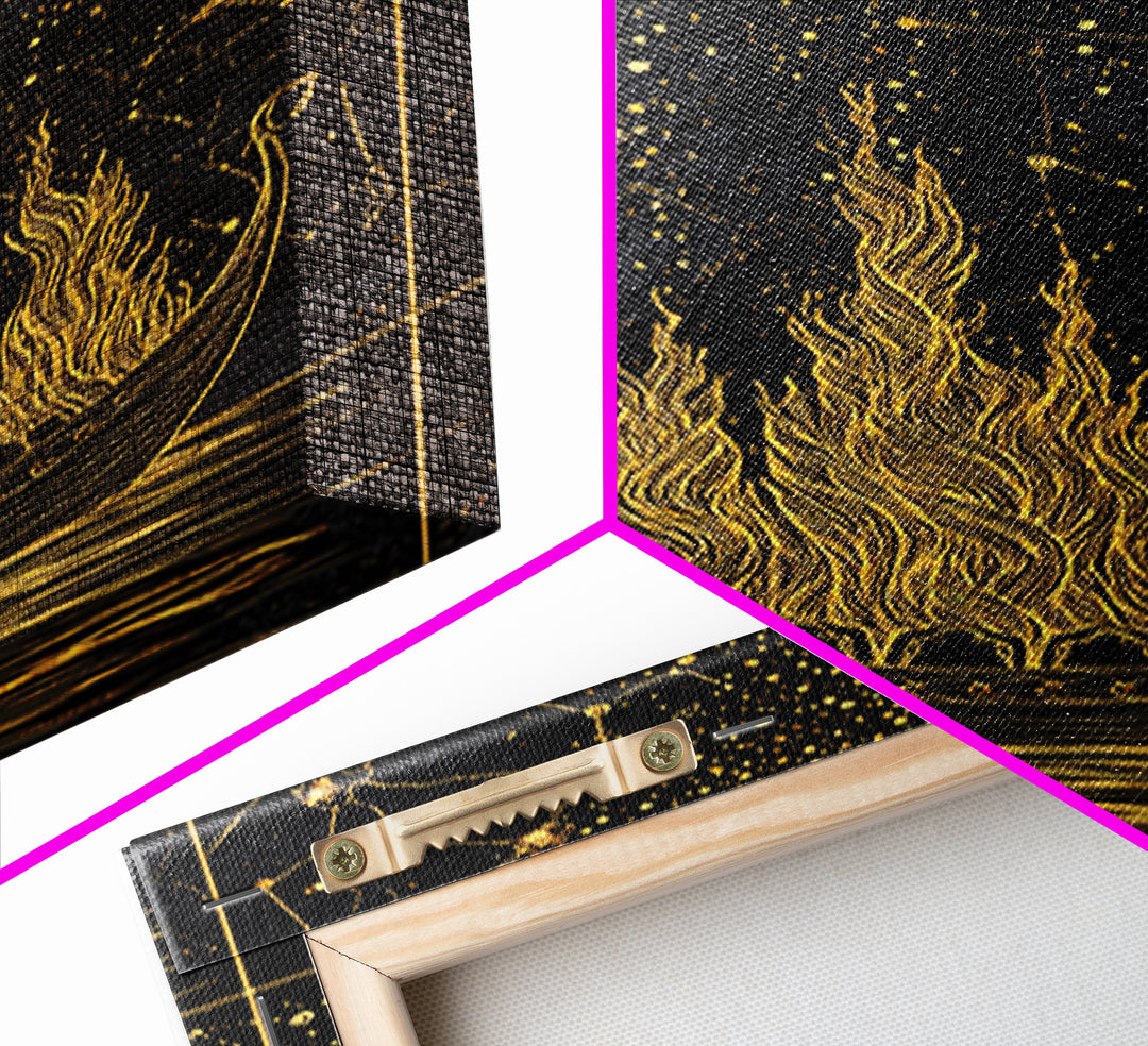 Burning Viking Funeral Ship Canvas Gold Art Canvas Art Norse Mythology Wall Art Nordic Decor Man Cave Piece with Real Wood Frame