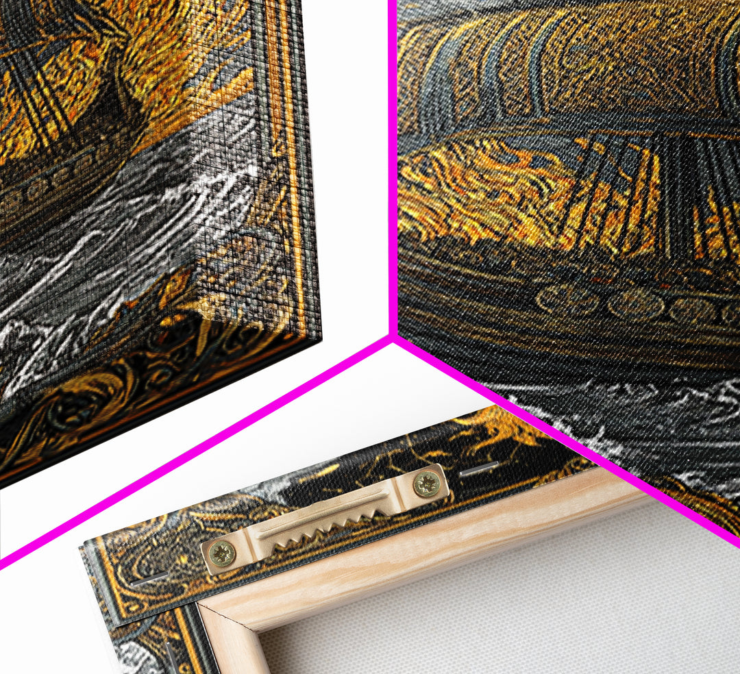 Canvas Art Canvas Gold Art Viking Ship in Flames Norse Funeral Pyre Nordic Mythology Decor Office or Man Cave Framed in Real Wood