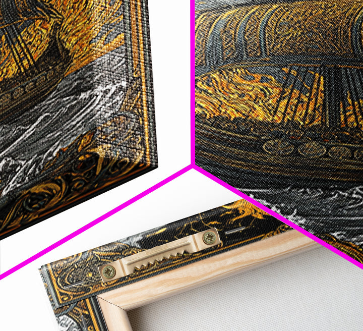 Canvas Art Canvas Gold Art Viking Ship in Flames Norse Funeral Pyre Nordic Mythology Decor Office or Man Cave Framed in Real Wood
