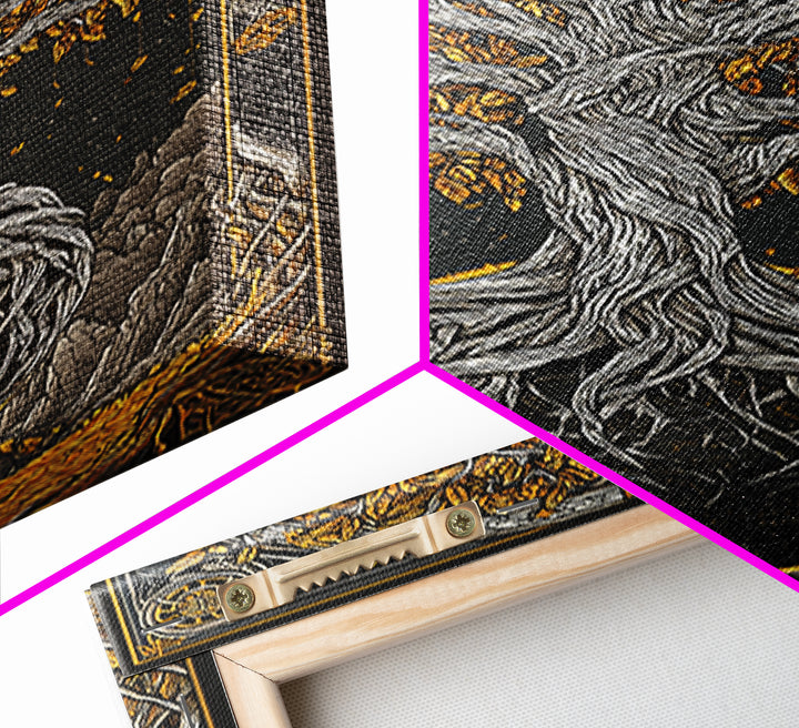 Canvas Gold Art Canvas Art Nordic World Tree Yggdrasil Norse Mythology Decor Viking Wall Art Man Cave Office Art with Real Wood Frame