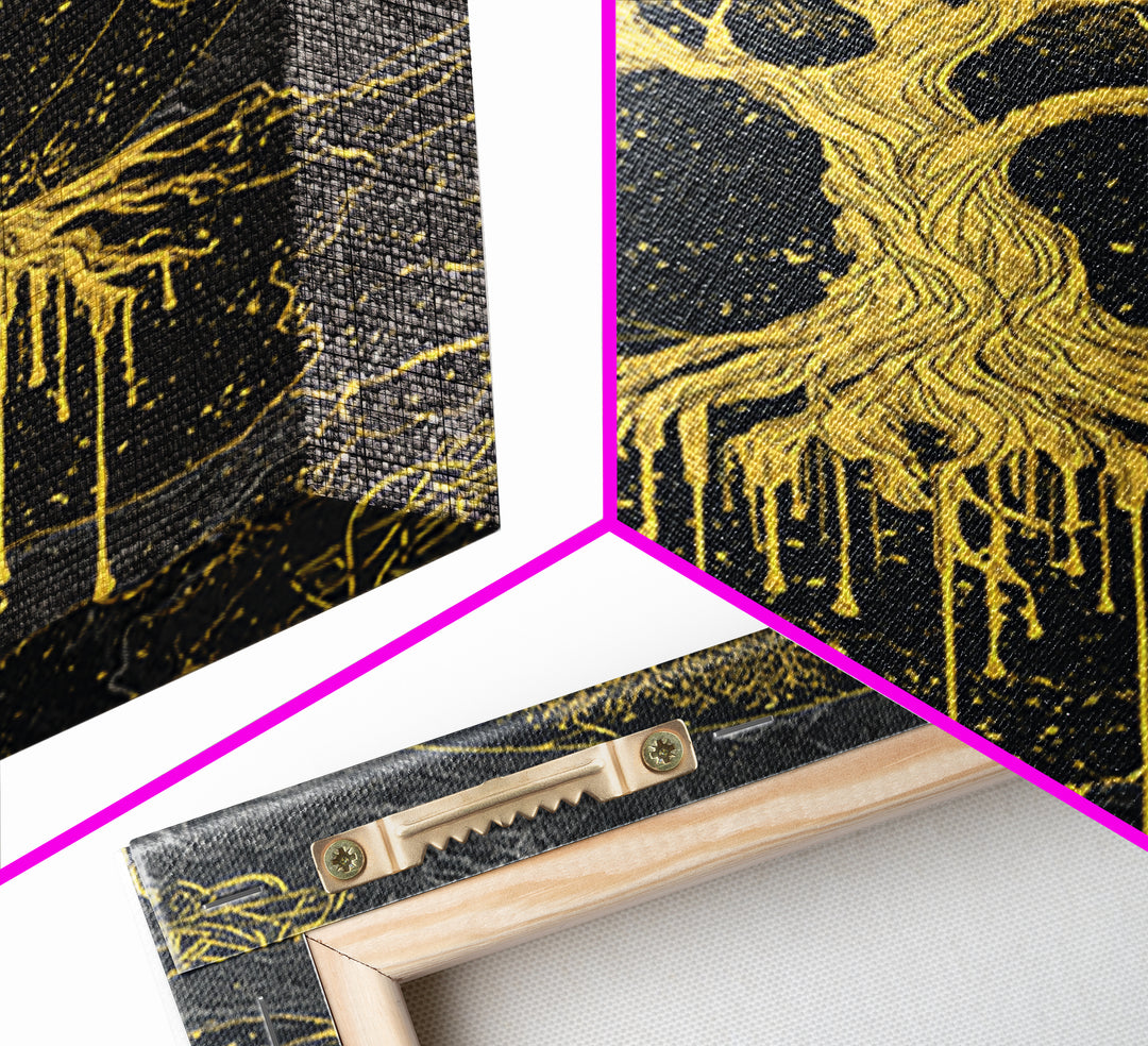 Yggdrasil Canvas Gold Art Canvas Art | Norse World Tree Design Framed in Natural Wood | Nordic Mythology Office & Man Cave Decor