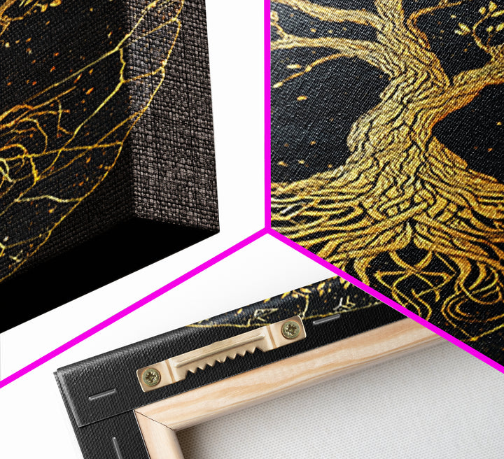 Yggdrasil Norse World Tree Canvas Gold Art Canvas Art Viking Mythology Wall Art Nordic Decor Dad Gift Framed with Natural Wood