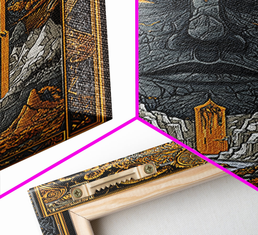 Nordic Mythology Canvas Gold Art Canvas Art | Yggdrasil Tree of Life Wall Art with Real Wood Frame | Viking Office & Dad Gift