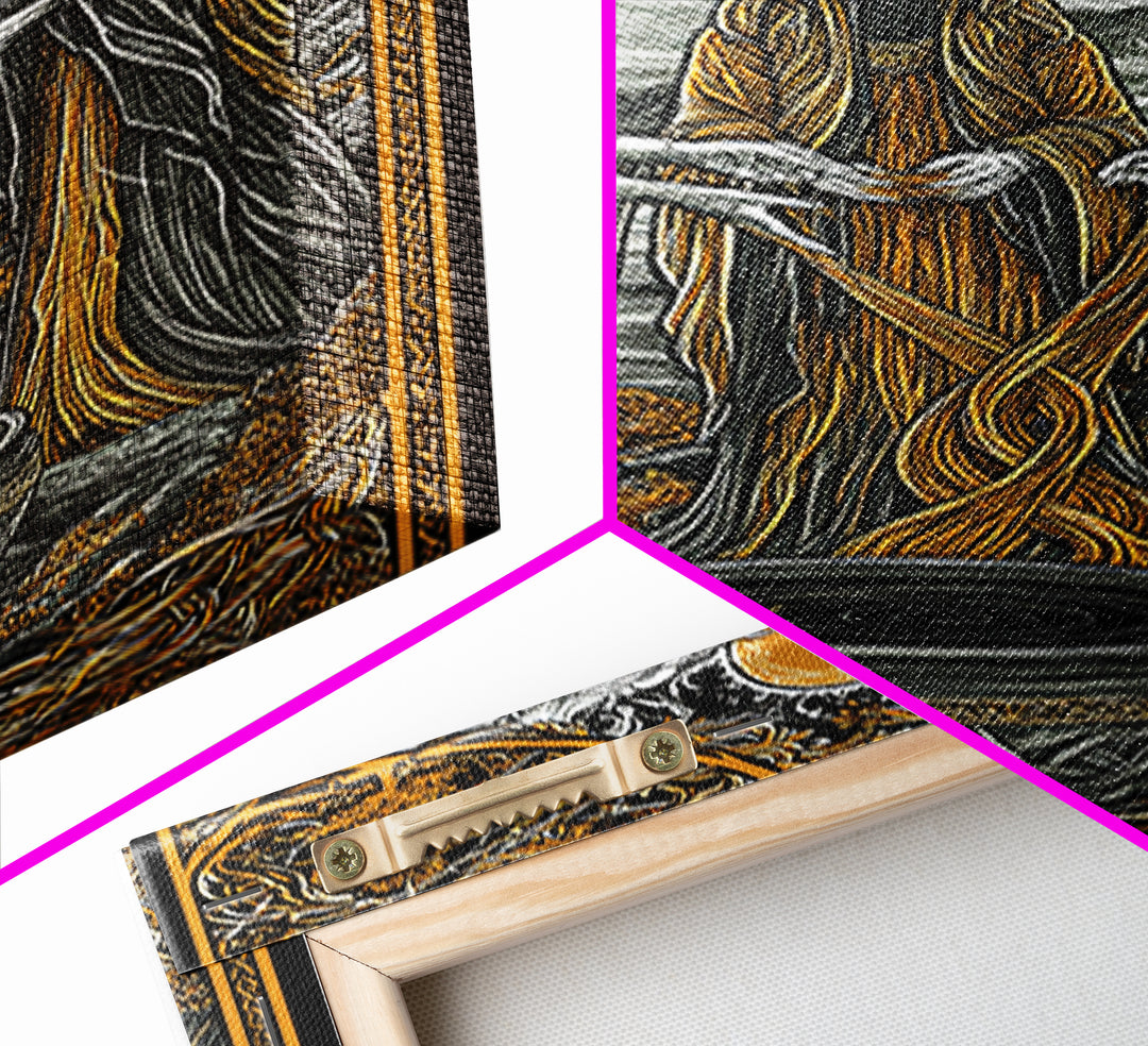 Norns Weaving Fate Canvas Gold Art, Norse Mythology Canvas Art of Urd, Verdandi, Skuld, Viking Wall Art framed in real wood