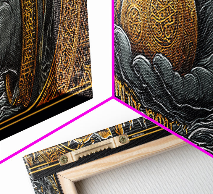 Golden Apple of Idunn Canvas Gold Art, Norse Mythology Canvas Art for Office or Man Cave, framed in natural wood, Viking Dad Gift