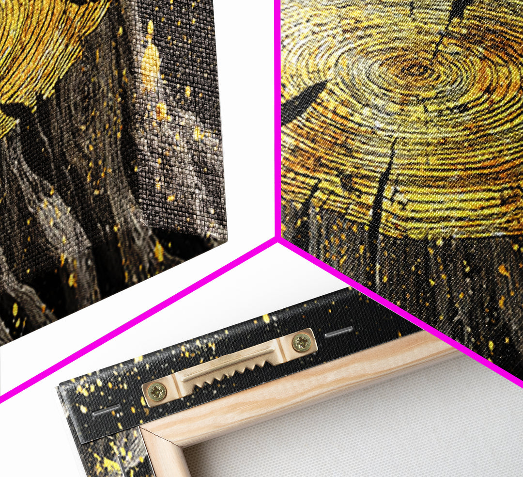 Viking Tree Stump Canvas Gold Art Nordic Mythology Canvas Art for Office or Man Cave, Norse Decor framed in real wood