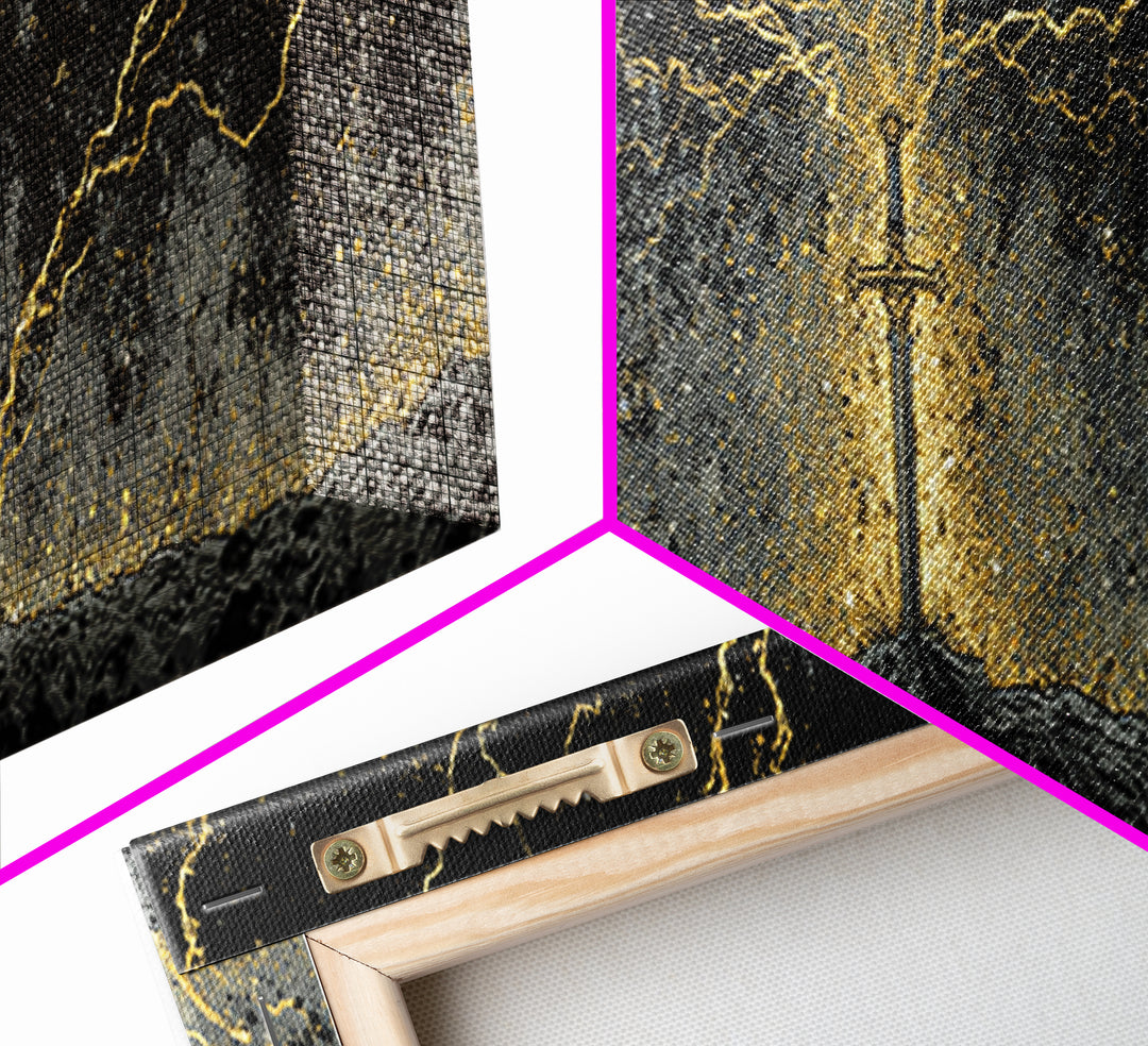 Legendary Sword Canvas Gold Art Norse Mythology Canvas Art Wall Decor for Men, Office or Man Cave framed in real wood
