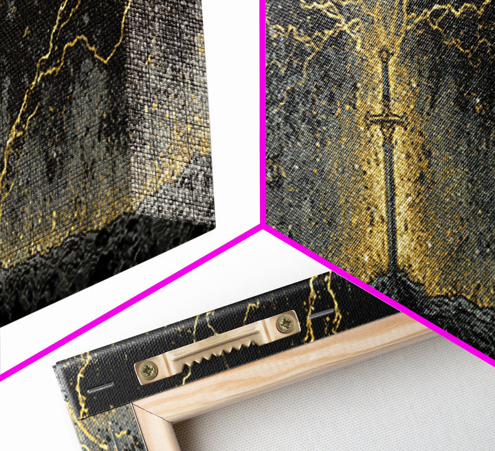 Legendary Sword Canvas Gold Art Norse Mythology Canvas Art Wall Decor for Men, Office or Man Cave framed in real wood