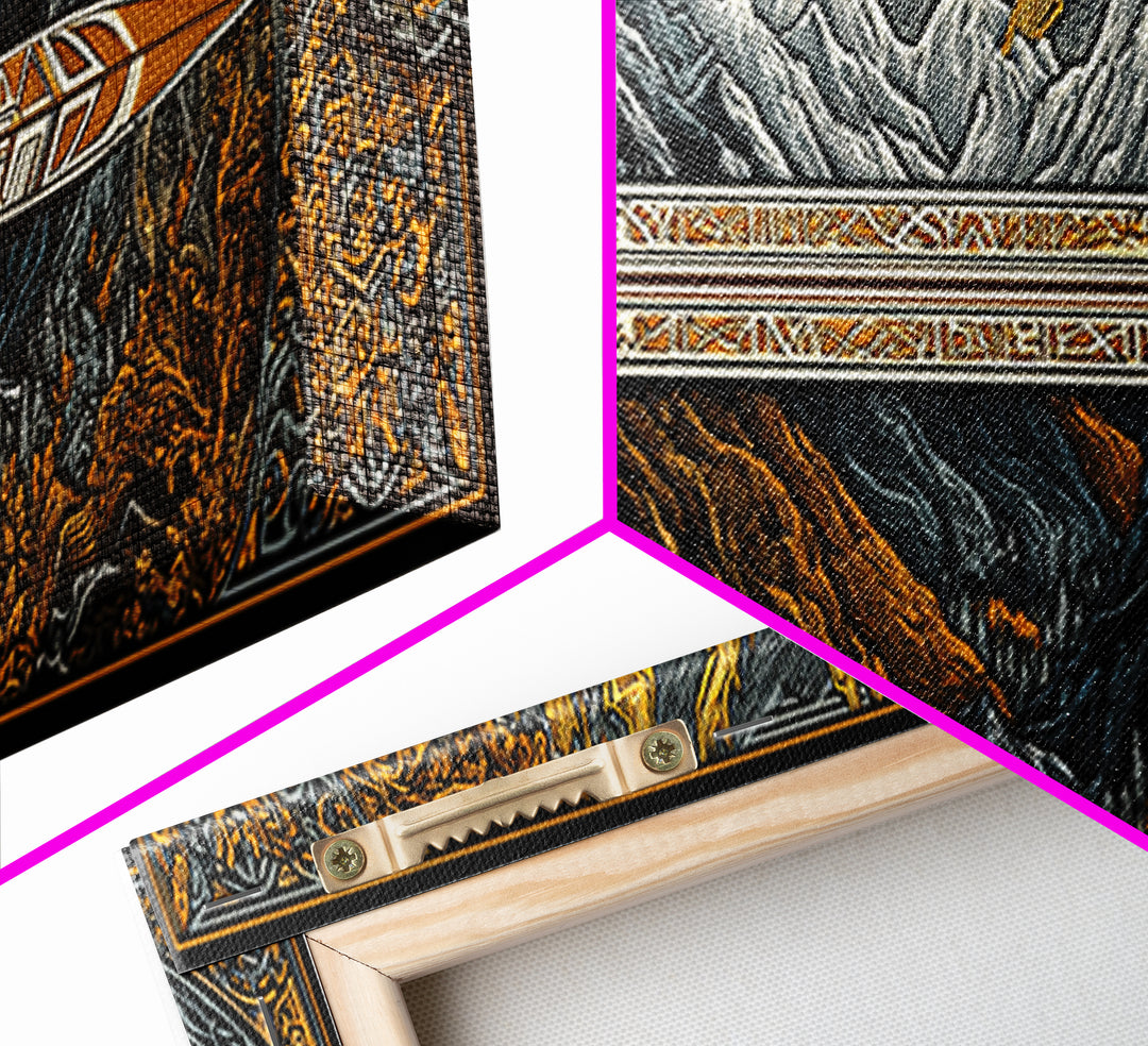 Norse Ornate Sword Canvas Gold Art Canvas Art Viking Mythology Wall Decor with real wood frame, Office Art for Men