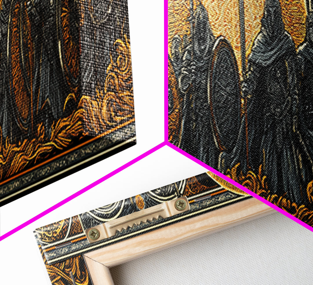 Einherjar Warriors Canvas Gold Art Norse Mythology Canvas Art with wood framing, Viking Man Cave Wall Art for Dad Gift