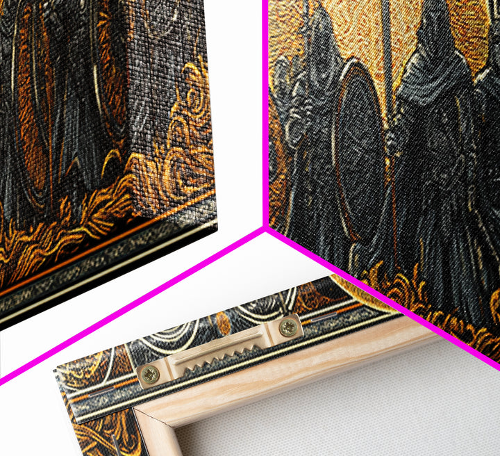 Einherjar Warriors Canvas Gold Art Norse Mythology Canvas Art with wood framing, Viking Man Cave Wall Art for Dad Gift