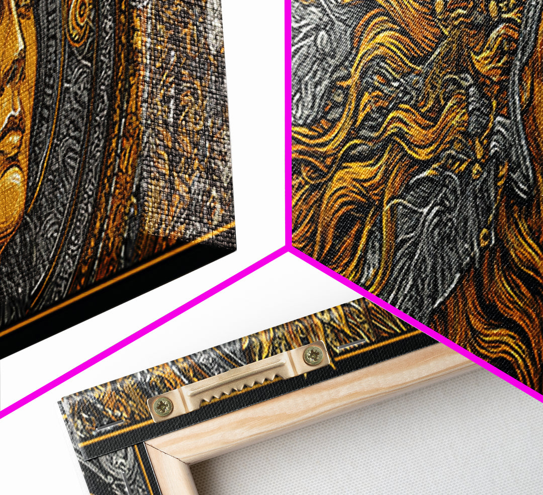 Canvas Art Canvas Gold Sun Goddess Norse Mythology Wall Decor, Nordic Office or Man Cave Art framed in natural wood