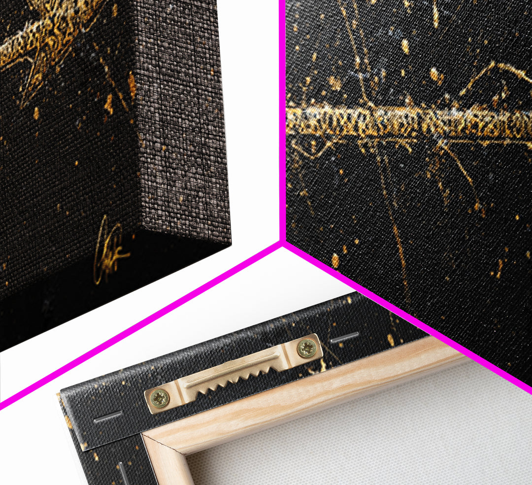 Viking Arrow Canvas Gold Art, Rune Engraved Canvas Art Wall Hanging, Norse Mythology Man Cave Decor with real wood frame