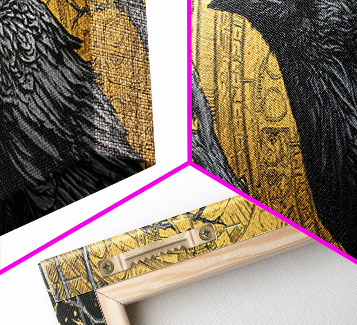 Canvas Art of Odin’s Raven Huginn Canvas Gold Art, Norse Mythology Decor with natural wood frame, Nordic Office or Dad Gift