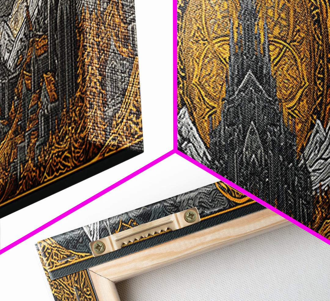 Asgard City Canvas Gold Art, Norse Mythology Canvas Art Wall Hanging, Nordic Office or Man Cave Decor framed in natural wood