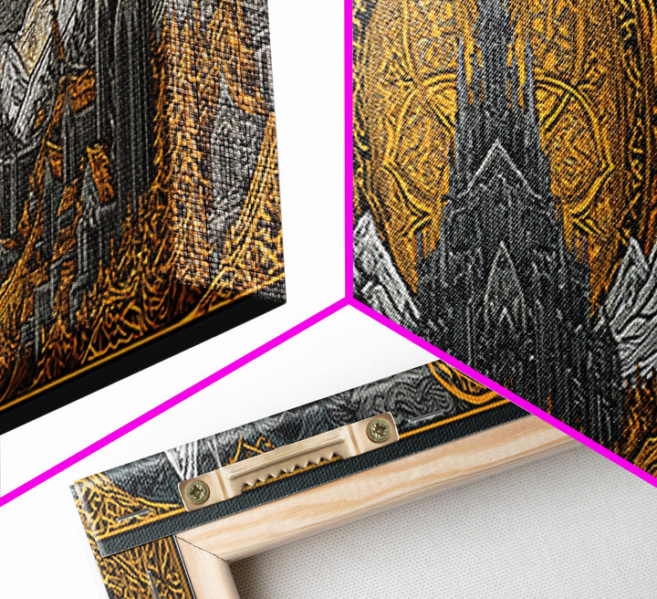 Asgard City Canvas Gold Art, Norse Mythology Canvas Art Wall Hanging, Nordic Office or Man Cave Decor framed in natural wood