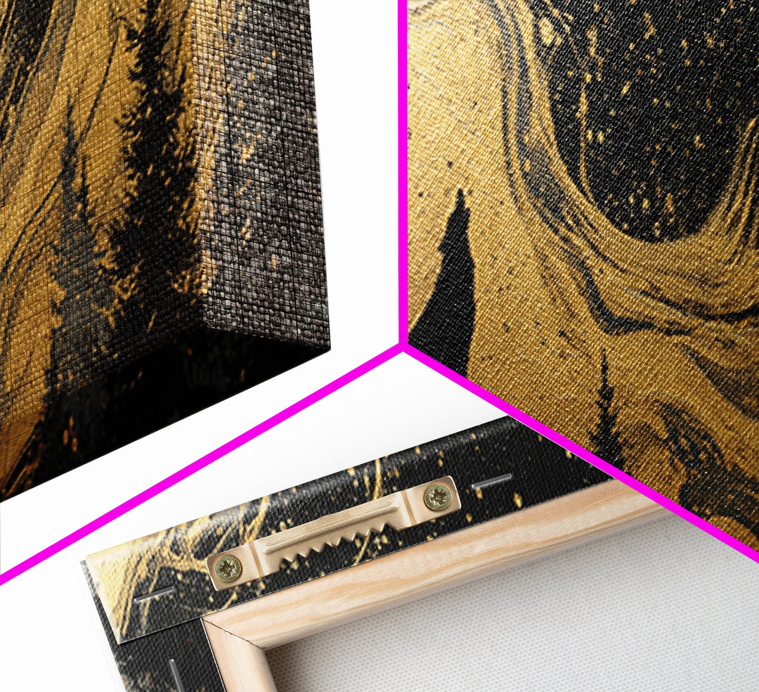 Nordic Wolves Under Stars Canvas Gold Art Canvas Art, Viking Mythology Night Sky Office Decor, framed in solid wood