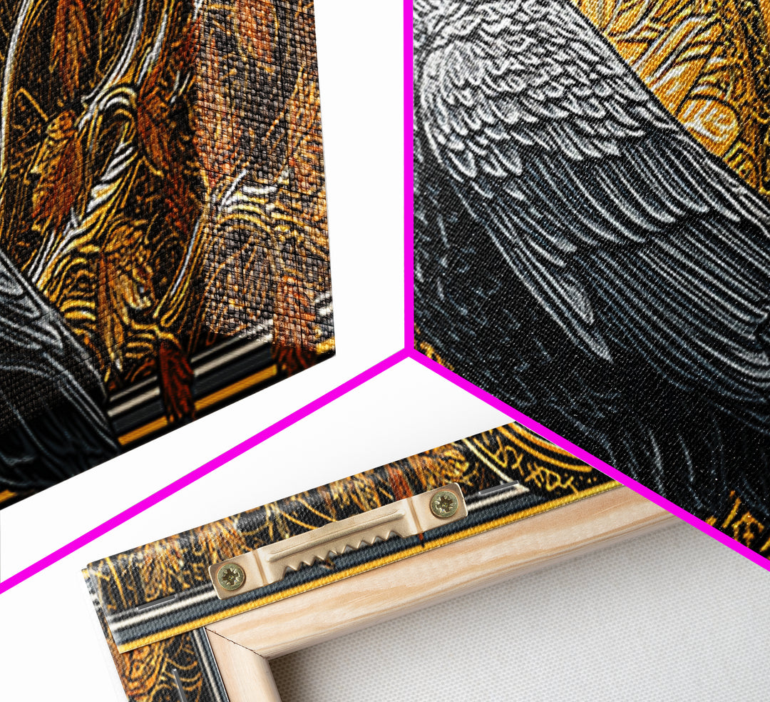 Canvas Gold Art Norse Raven Muninn Canvas Art, Viking Wall Decor framed in real wood, Nordic Mythology Office Art, Gift for Men