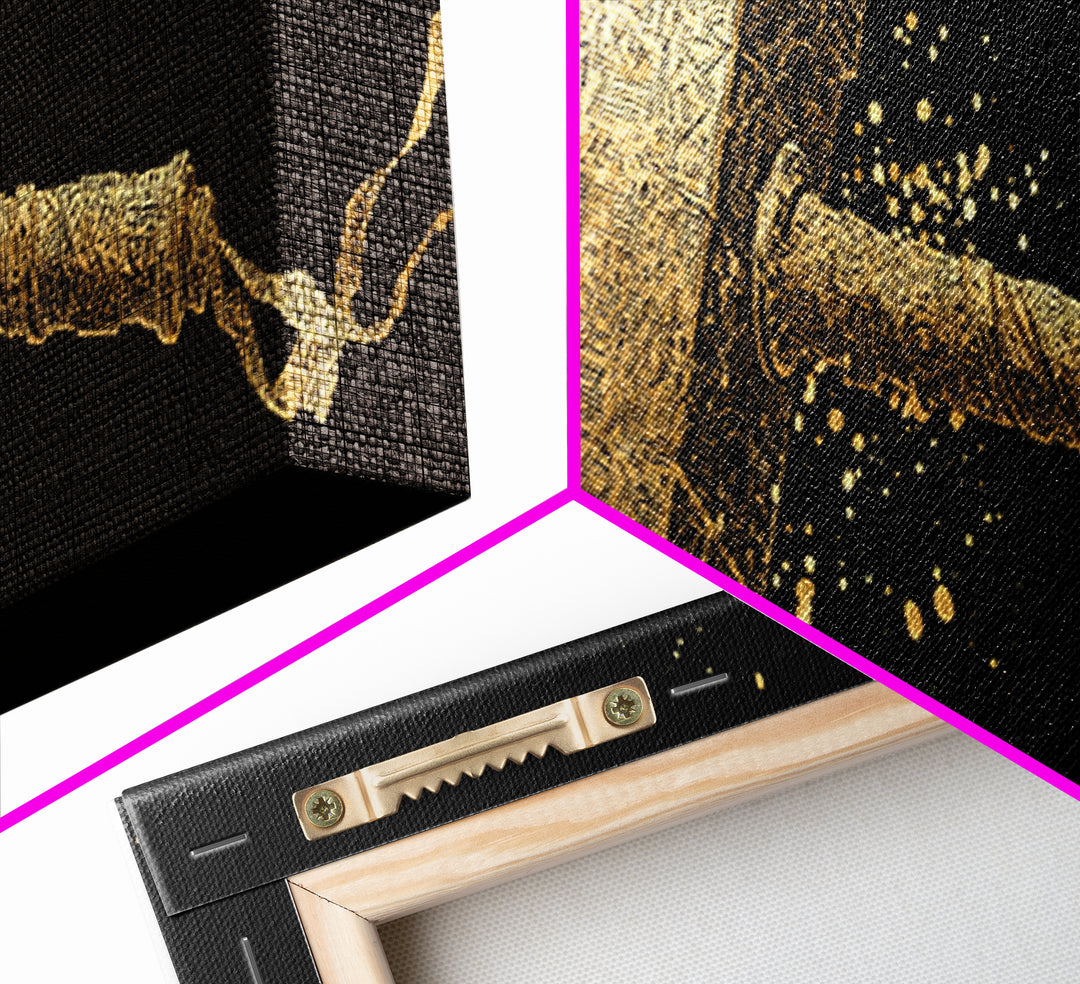 Thor’s Hammer Mjolnir Canvas Gold Art, Norse Mythology Canvas Art with real wood frame, Viking Office Wall Decor, Unique Dad Gift