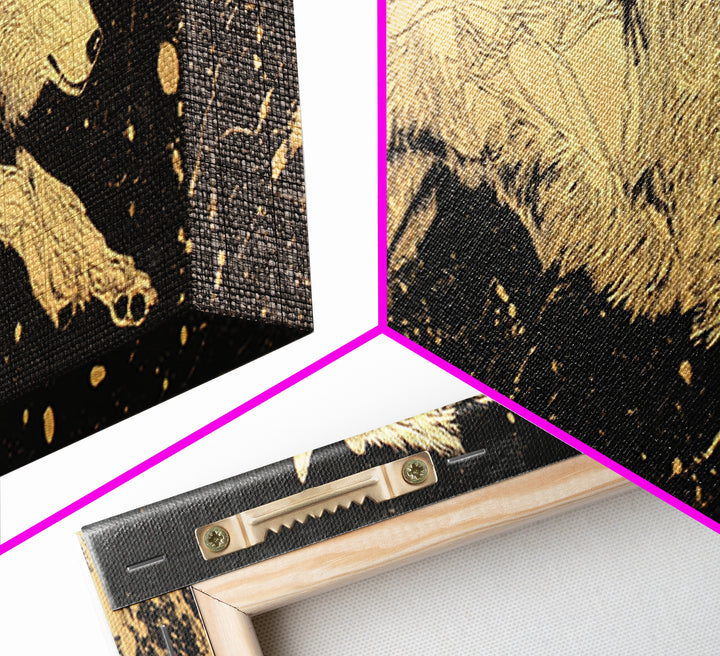 Fenrir Wolf Canvas Gold Art, Norse Mythology Canvas Art framed in natural wood, Viking Man Cave Decor, Nordic Wall Art Dad Gift