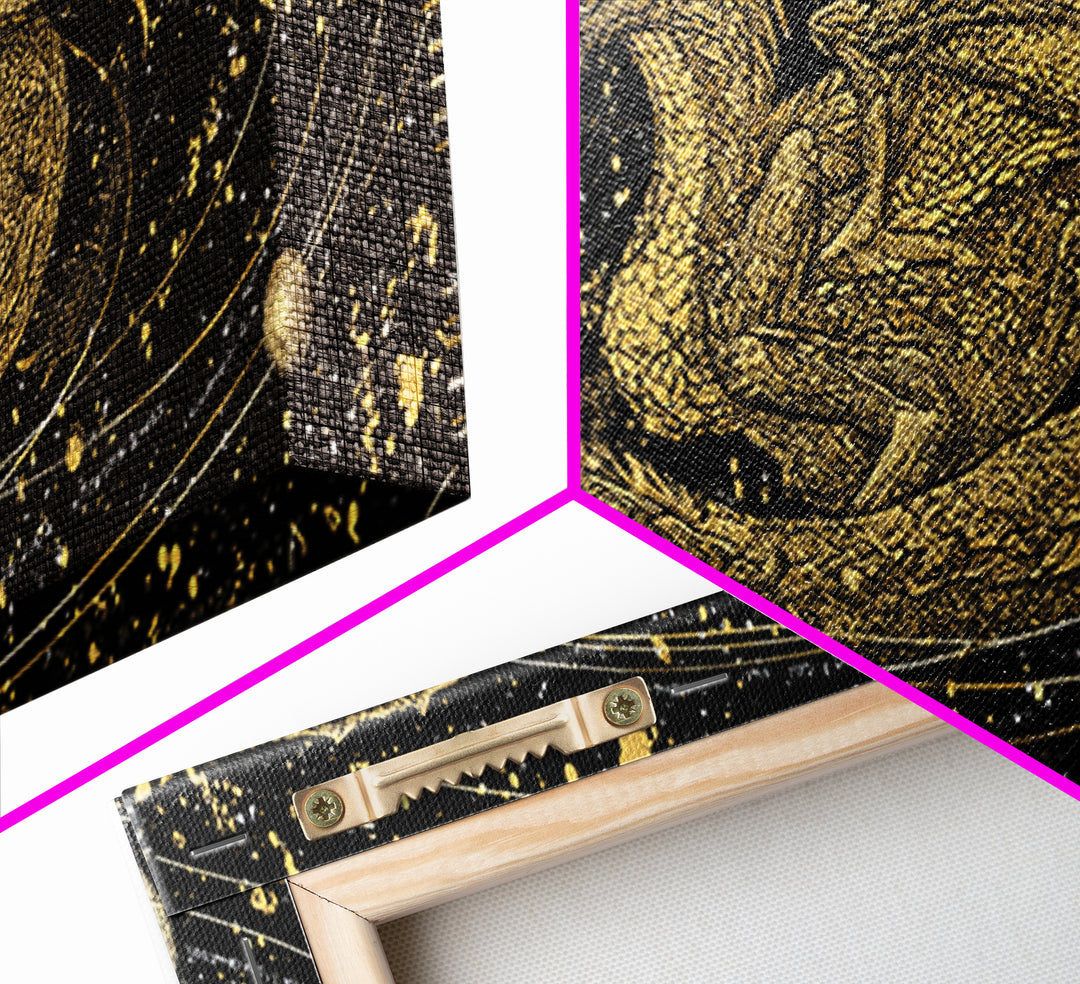 Jormungandr Dragon Canvas Gold Art, Norse Mythology Canvas Art with natural wood frame, Viking Decor for Office, Dad Gift Man Cave