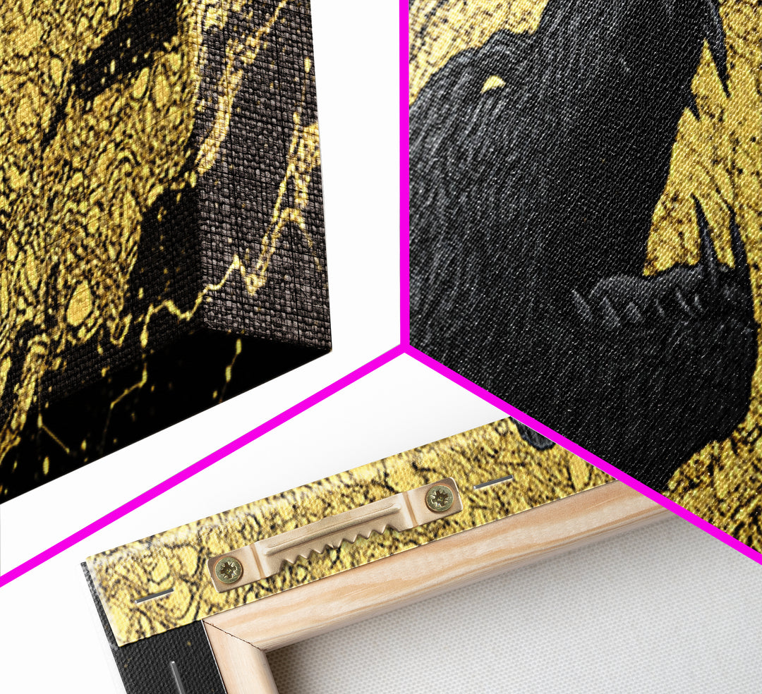 Fenrir Bound Norse Wolf Canvas Gold Art Canvas Art, Nordic Mythology Office Decor for Men, framed in natural wood