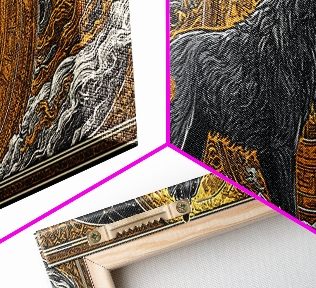 Fenrir Wolf of Ragnarok Canvas Gold Art Canvas Art, Norse Mythology Office Decor Man Cave Wall Art, with real wood frame