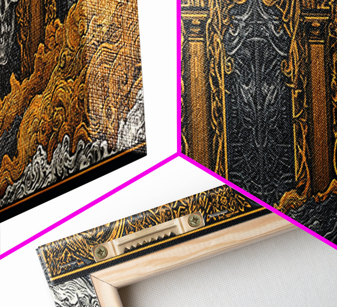 Helheim Canvas Gold Art, Norse Mythology Canvas Art with Nordic Skulls, Office Wall Decor for Men, Framed in Real Wood
