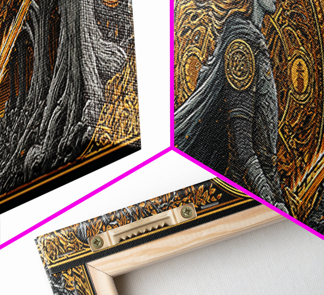 Hervor Nordic Warrior Goddess Canvas Gold Art, Mythology Inspired Canvas Art, Dad Gift or Office Art, Framed in Natural Wood