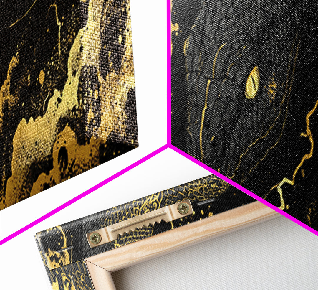Jormungandr Serpent Canvas Gold Art, Norse Mythology Canvas Art, Viking Decor for Men’s Office or Man Cave, Real Wood Frame