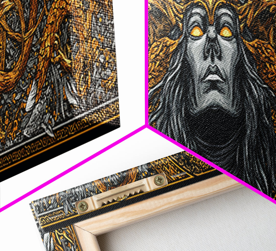 Norse Trickster Loki Canvas Art, Canvas Gold Art for Viking Lovers, Nordic Mythology Office or Dad Gift, Framed in Natural Wood