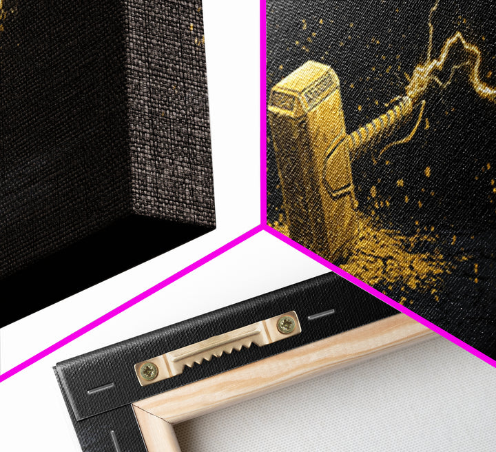 Canvas Gold Art Canvas Art – Thor’s Mjolnir with Lightning, Nordic Mythology Office Wall Art Dad Gift, natural wood framed