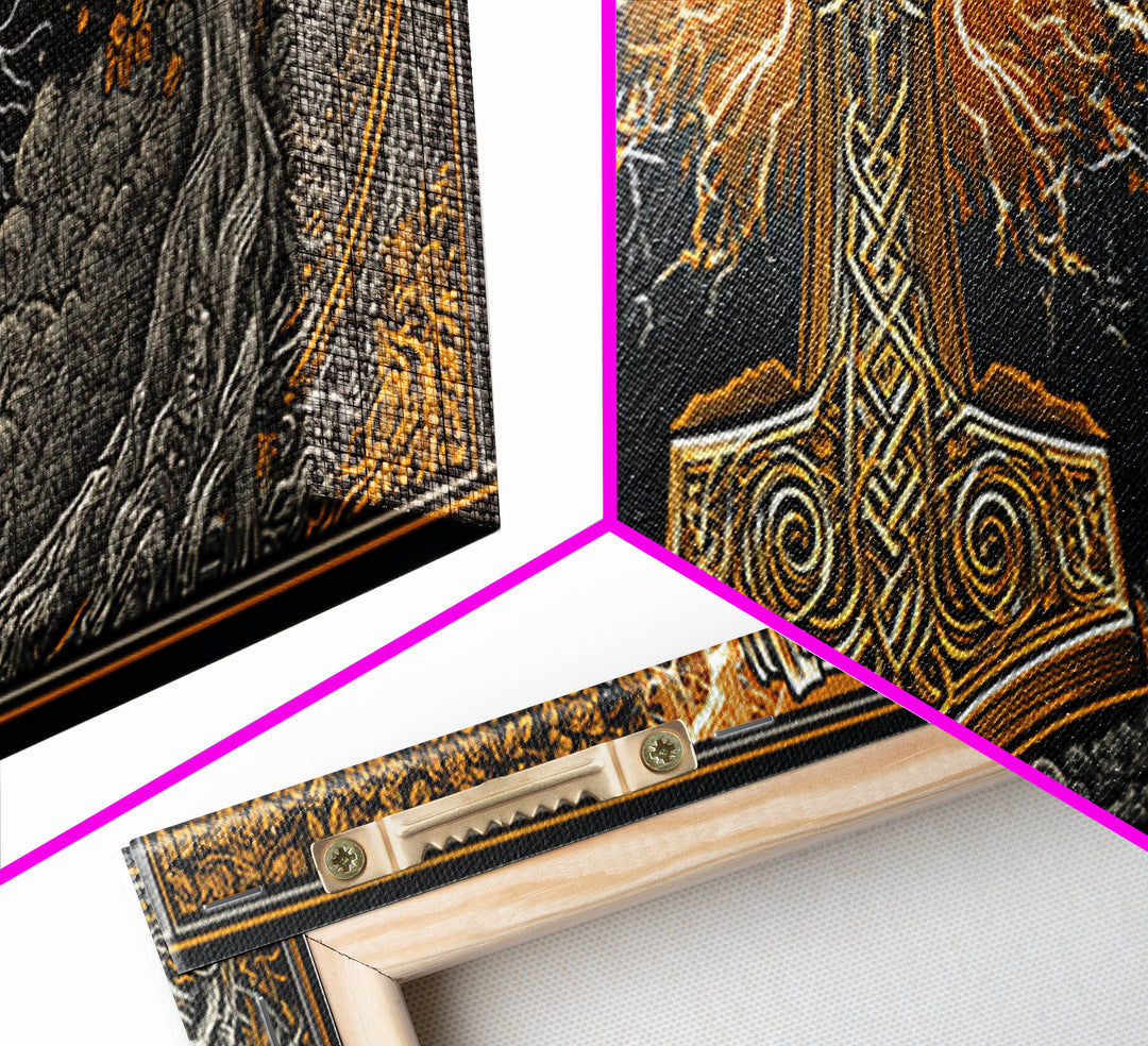 Mjolnir Canvas Gold Art Canvas Art – Thor’s Hammer Norse Mythology Wall Decor for Office or Man Cave, framed in real wood