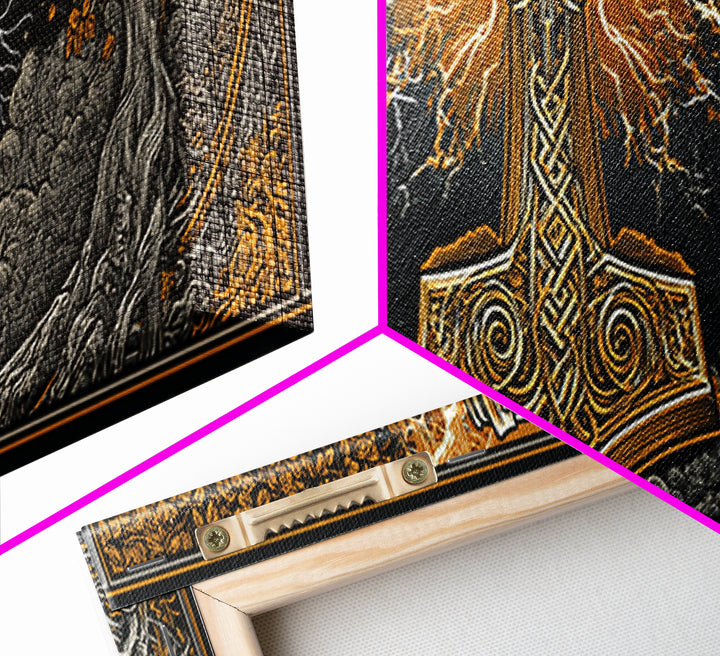 Mjolnir Canvas Gold Art Canvas Art – Thor’s Hammer Norse Mythology Wall Decor for Office or Man Cave, framed in real wood