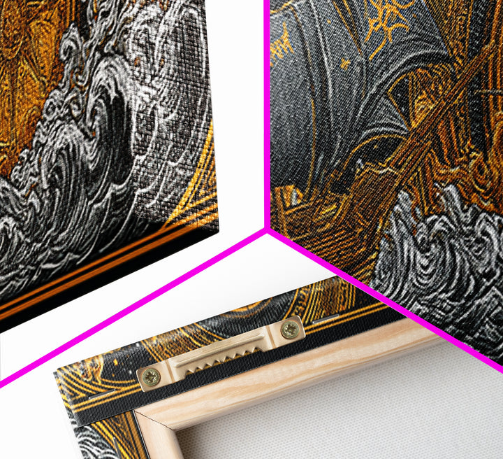 Nordic Naglfar Canvas Gold Art Canvas Art – Viking Ship at Sea, Norse Mythology Wall Decor Dad Gift, framed in genuine wood