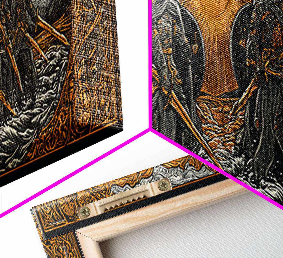 Norse Warriors Canvas Gold Art Canvas Art | Viking Battle Scene Wall Decor framed in natural wood | Man Cave or Office Gift