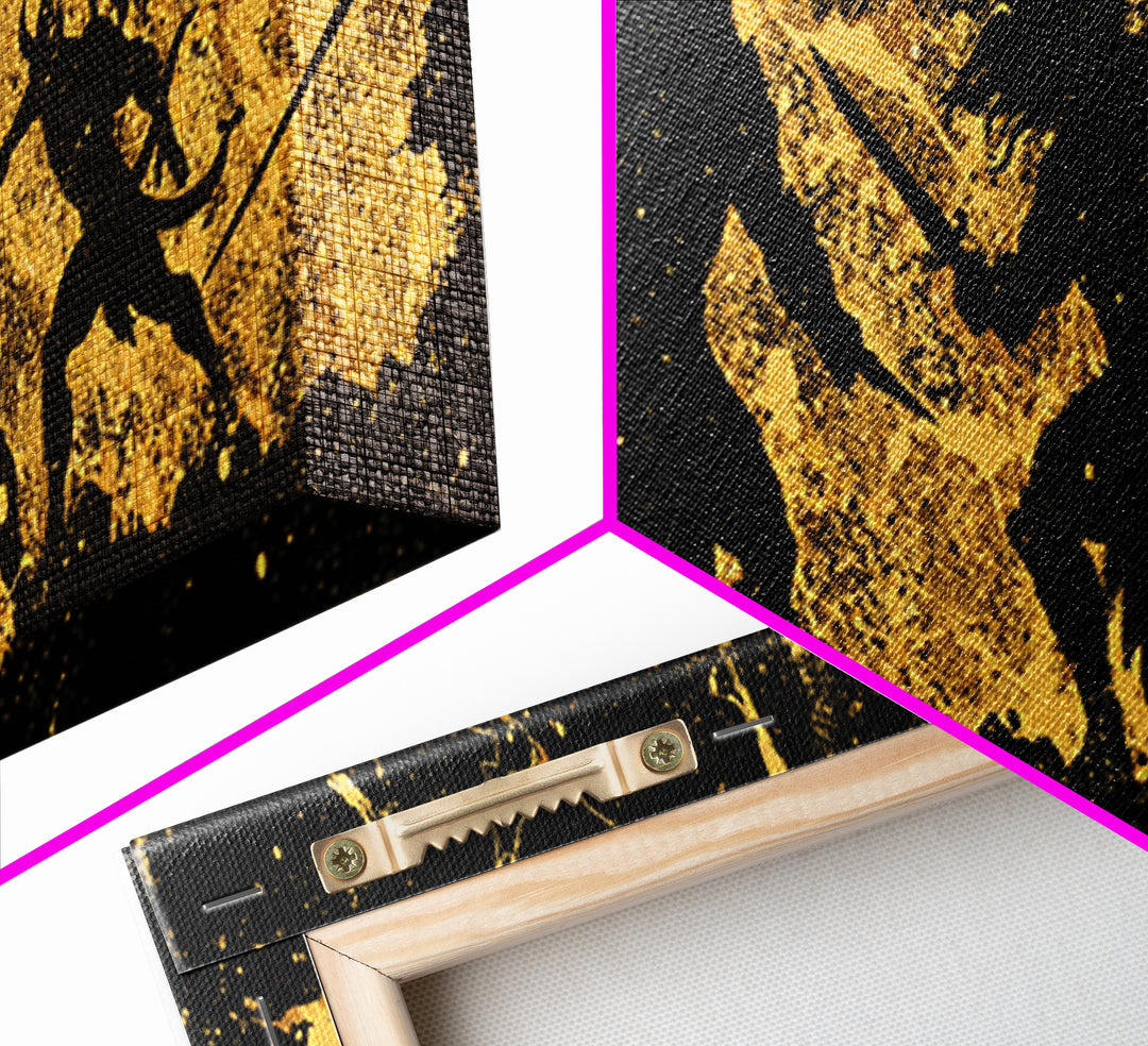 Ragnarok Nordic Myth Canvas Gold Art Canvas Art | Epic Viking Battle Scene Wall Decor with real wood frame | Office or Den Art