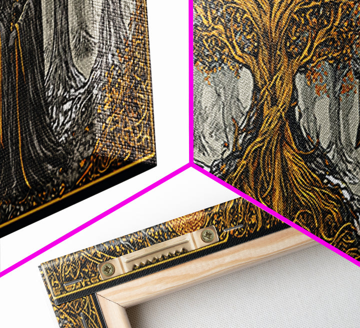 The Norns Canvas Gold Art Norse Mythology Canvas Art Wall Decor for Man Cave or Office, framed in handcrafted real wood