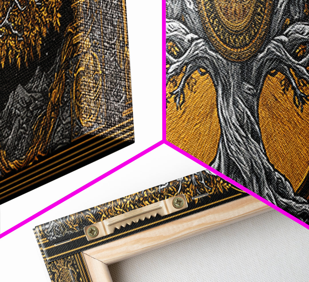 Yggdrasil Cosmic World Tree Canvas Gold Art Canvas Art Norse Decor for Man Cave or Dad Gift, with rustic real wood framing