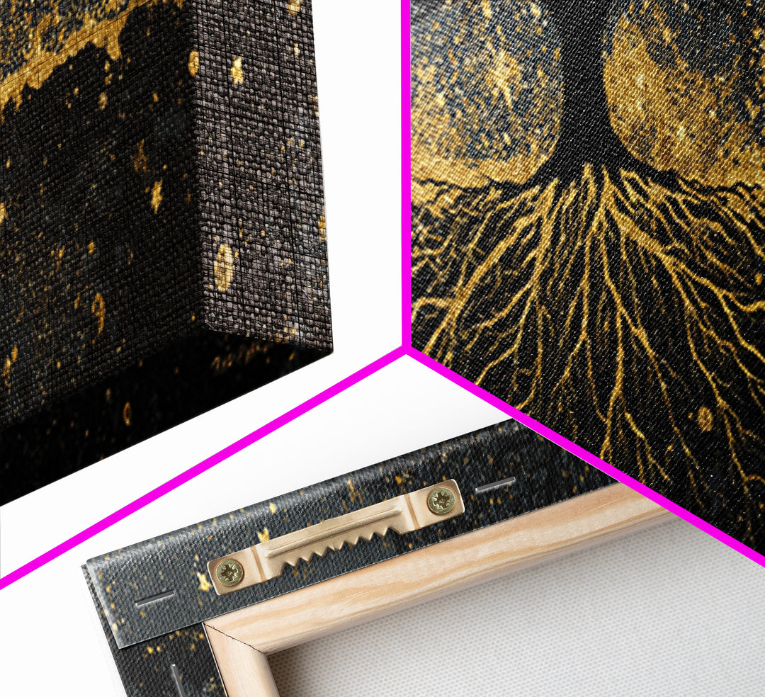 Nordic Tree of Life Yggdrasil Canvas Gold Art Canvas Art Norse Mythology Wall Decor, handcrafted in a premium real wood frame