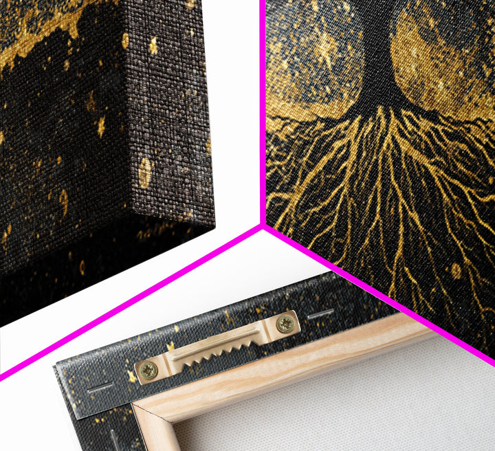 Nordic Tree of Life Yggdrasil Canvas Gold Art Canvas Art Norse Mythology Wall Decor, handcrafted in a premium real wood frame