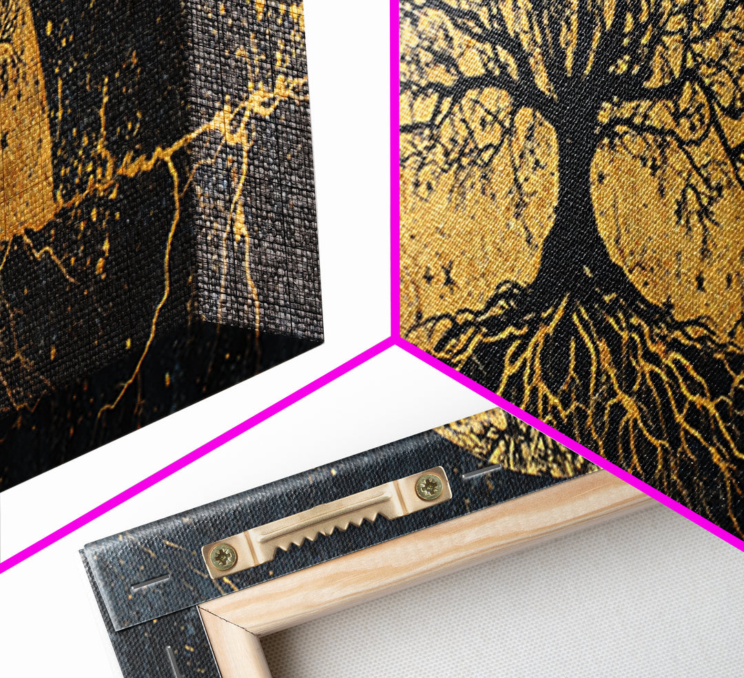 The World Tree Norse Yggdrasil Canvas Gold Art Canvas Art Cosmic Wall Decor for Office or Man Cave, framed in natural wood