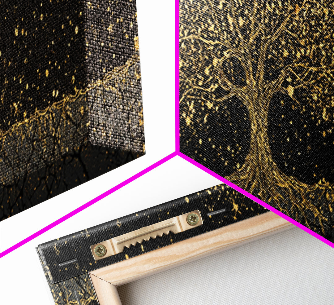 The World Tree Yggdrasil Canvas Gold Art Canvas Art Norse Mythology Wall Decor for Men’s Office, framed in solid natural wood