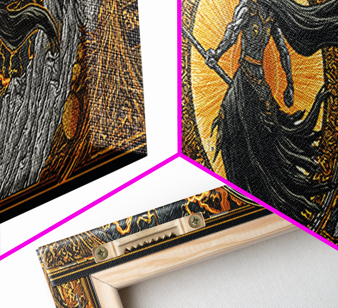 Thor God of Thunder Canvas Gold Art Canvas Art Viking Wall Decor Norse Mythology Decor, with natural handcrafted wood framing