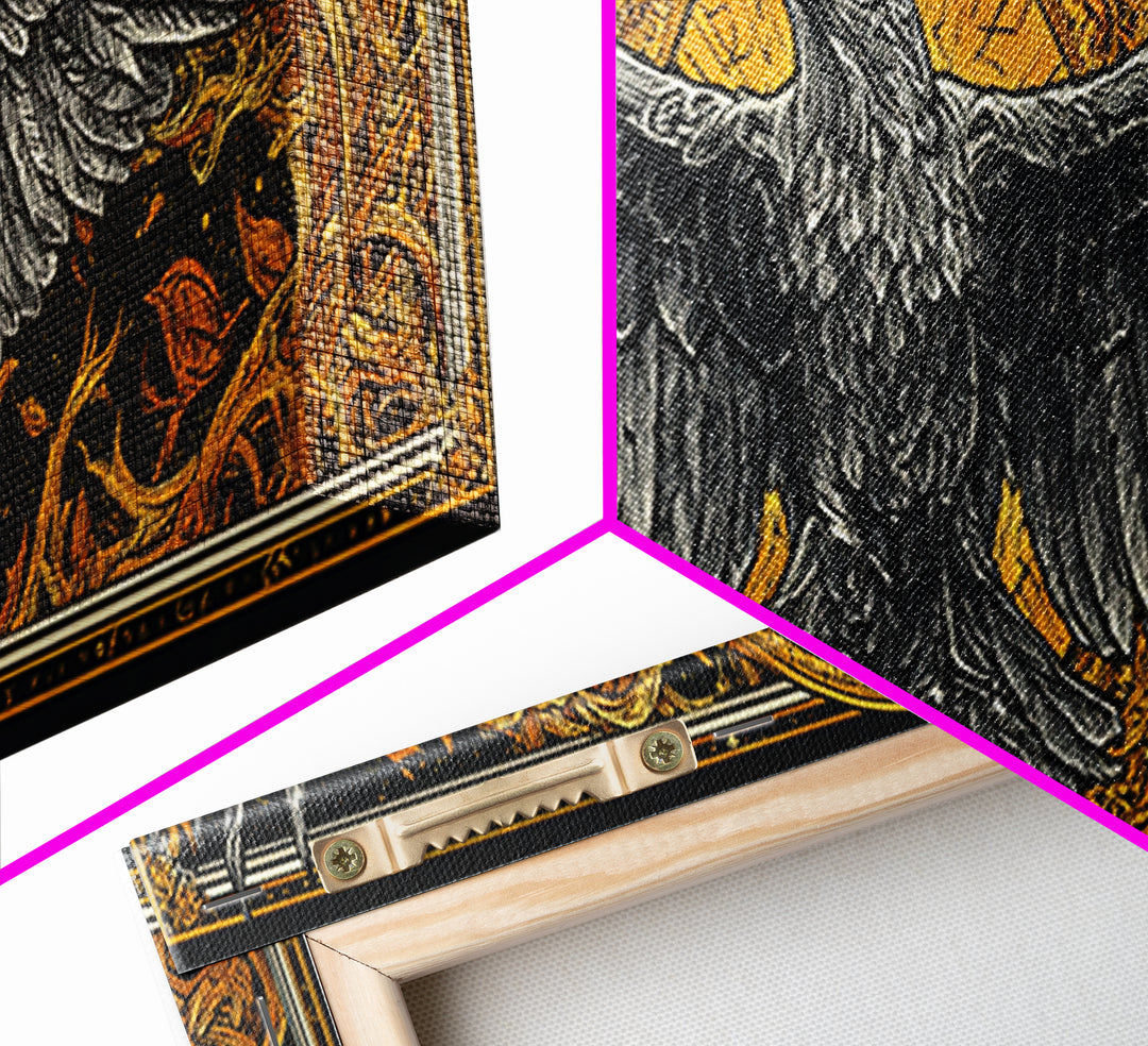 Mythical Valkyrie Helmet Canvas Gold Art Nordic Canvas Art, Norse Wall Hanging for Office or Man Cave framed in real wood