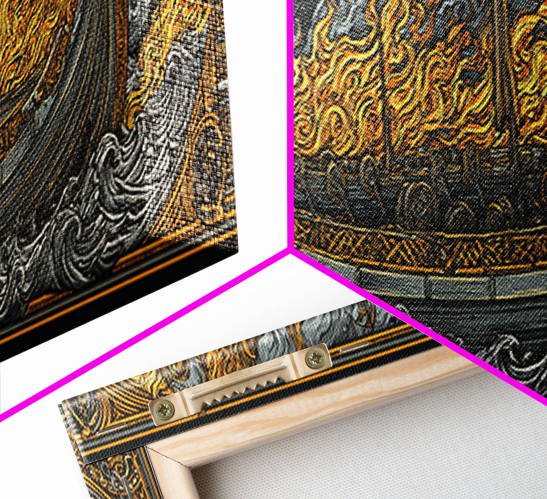Norse Viking Longship Canvas Gold Art Canvas Art, Mythology Office Wall Decor with real wood frame, Unique Gift for Men
