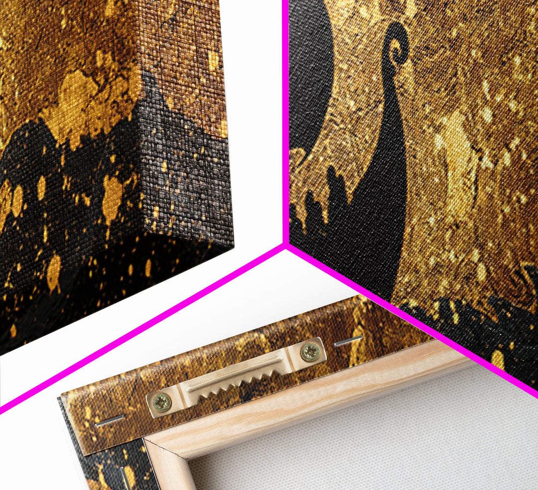 Viking Funerary Ship Canvas Gold Art Norse Mythology Canvas Art, Office Wall Decor framed in real wood, Dad Gift Man Cave