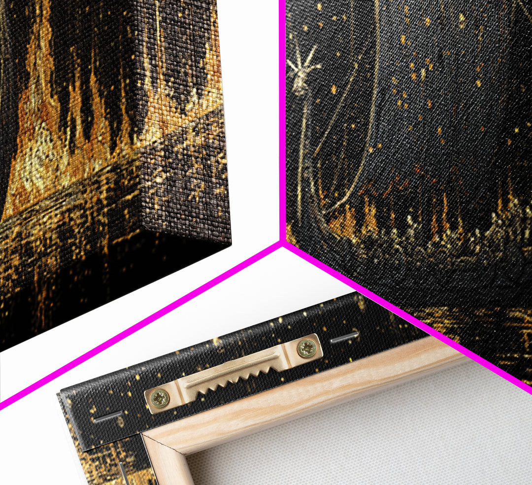 Nordic Viking Warriors Canvas Gold Art Canvas Art, Mythology Office Wall Hanging in natural wood frame, Gift for Him Decor