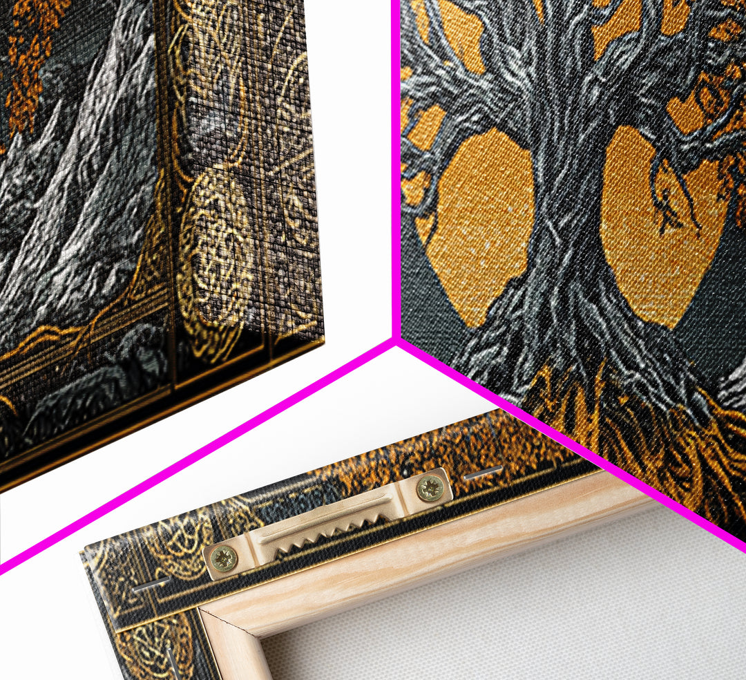 Yggdrasil Canvas Gold Art Nordic Wall Decor, Viking Mythology Canvas Art Framed in Natural Wood, Man Cave or Office Art